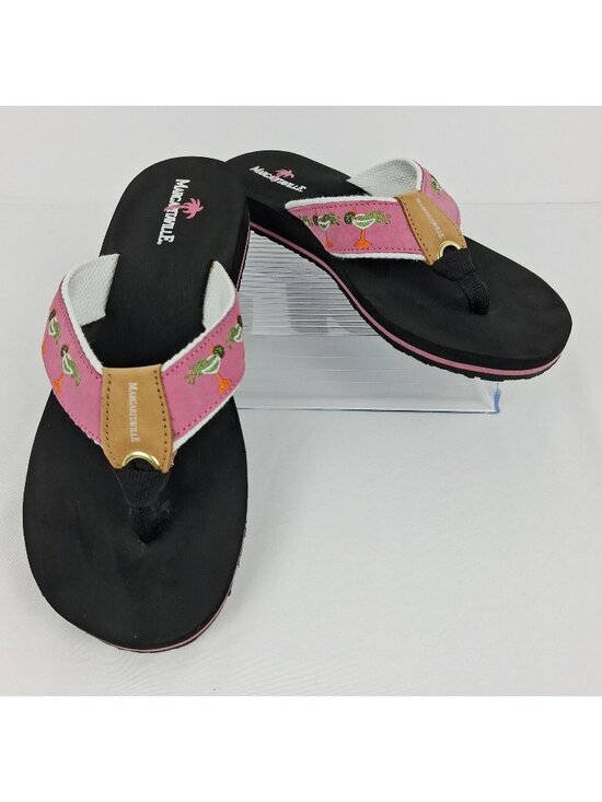 Margaritaville Shoes - Margaritaville "Rita Time" Pink Flip Flops w/ Tropical Drink Embroidery Women's